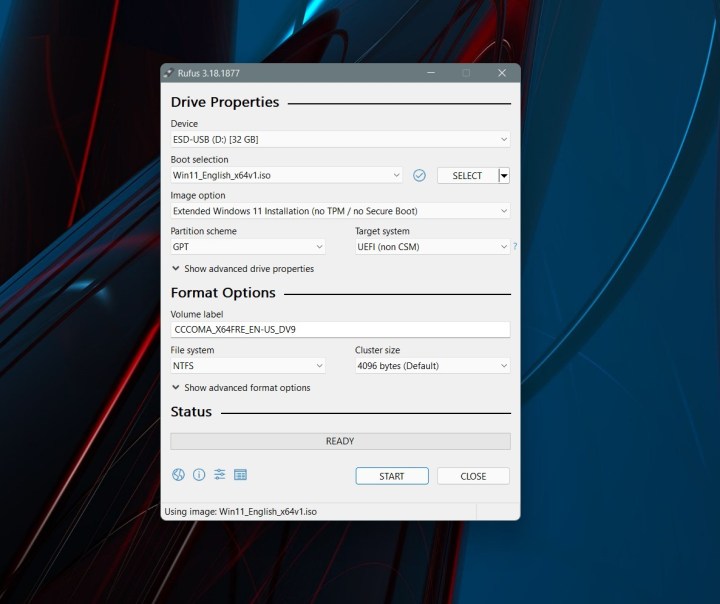 Thuộc tính ổ đĩa trên Rufus trên Windows 11.