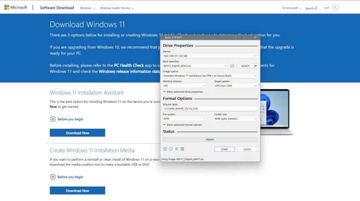 Trang tải xuống Windows 11 bằng Rufus.