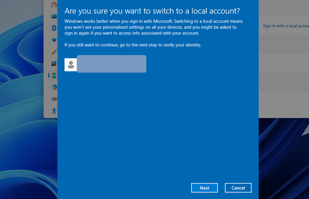 Cửa sổ bật lên để chuyển sang tài khoản cục bộ trên Windows 11.