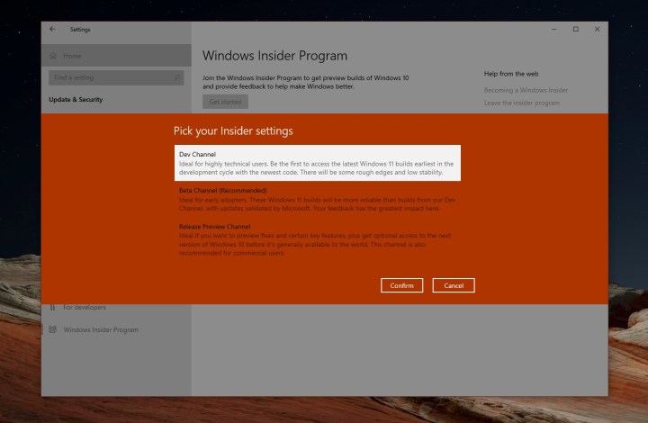 Một màn hình trong chương trình Windows Insider.