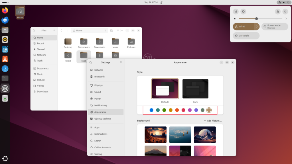 Bảng Giao diện của ứng dụng Cài đặt Ubuntu 24.10, với các màu nhấn được tô sáng.