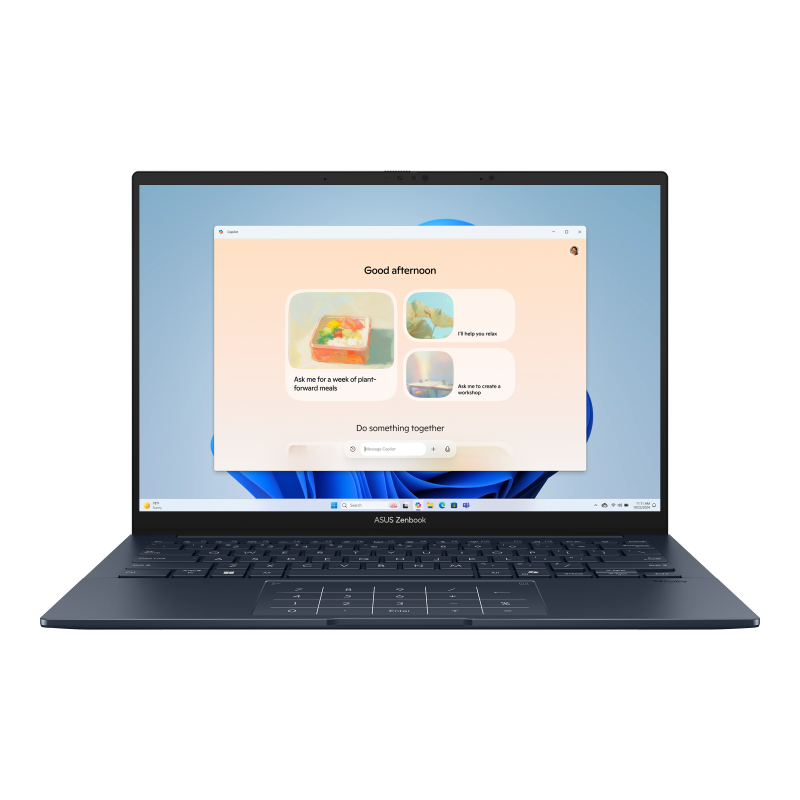 ASUS Zenbook 14 OLED nhìn thẳng, màu xanh navy, đang hiển thị trợ lý Copilot