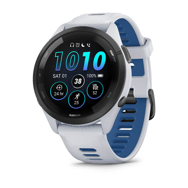 Garmin Forerunner 265 màu trắng xanh hiển thị chỉ số luyện tập