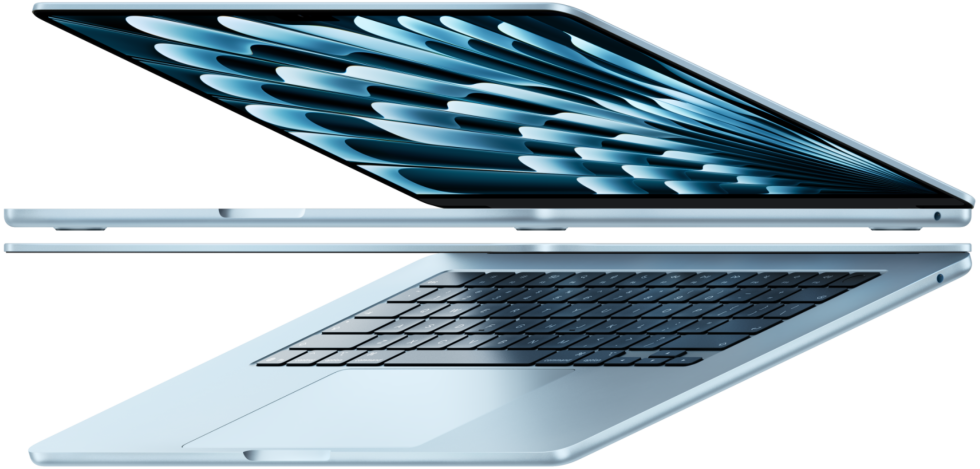 MacBook Air M4 nhìn nghiêng, thân máy mỏng màu xanh sky blue