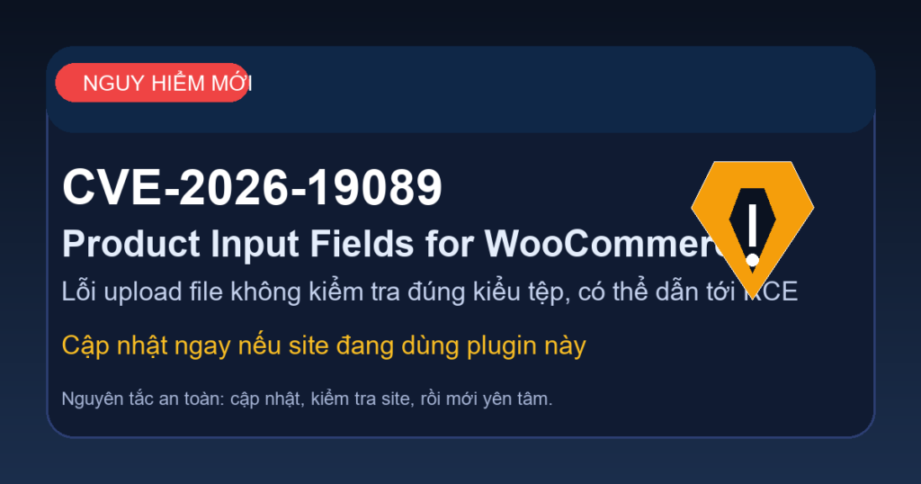 Infographic cảnh báo CVE-2026-19089 và rủi ro upload file tùy ý