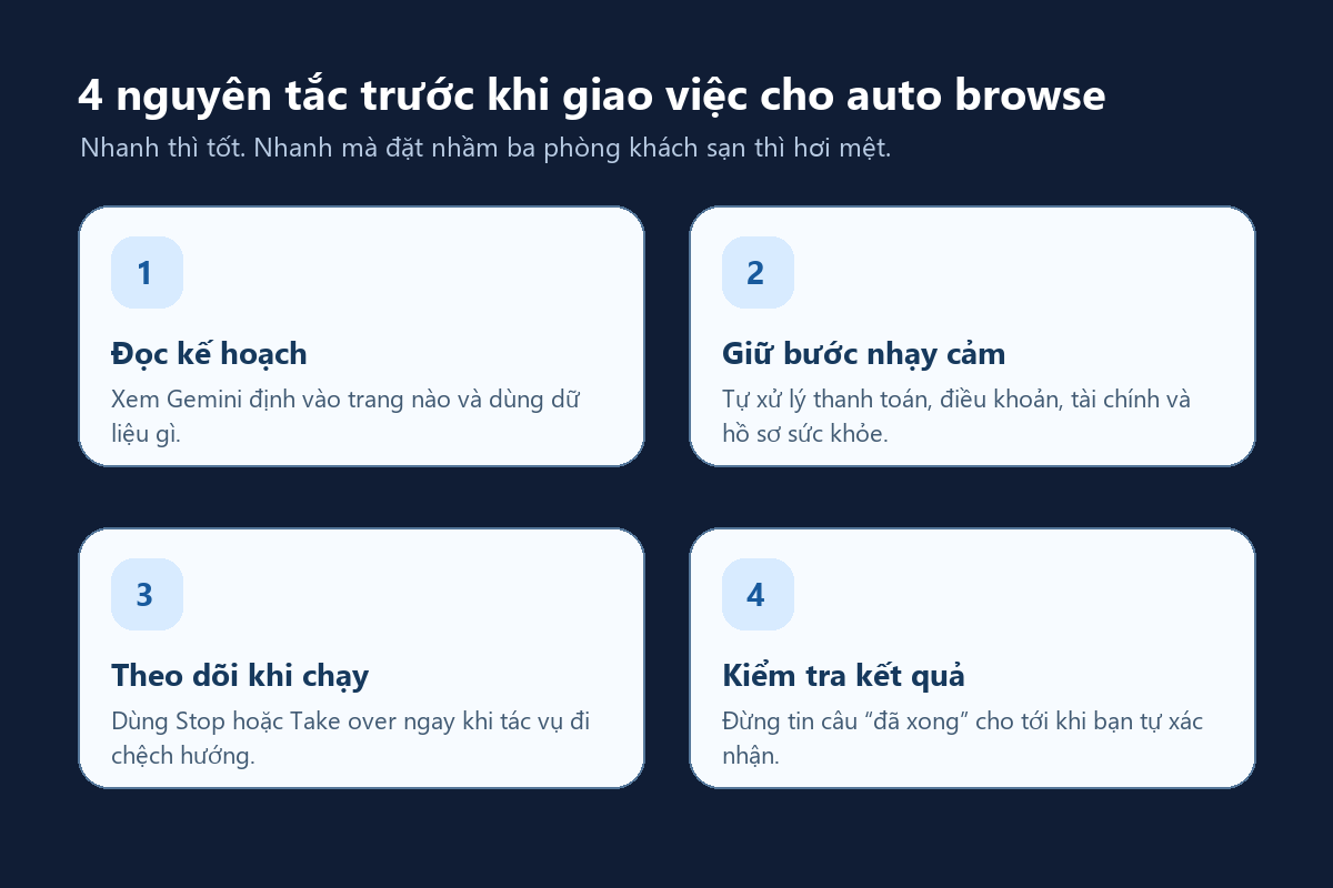 Bốn nguyên tắc dùng auto browse an toàn trong Gemini trên Chrome