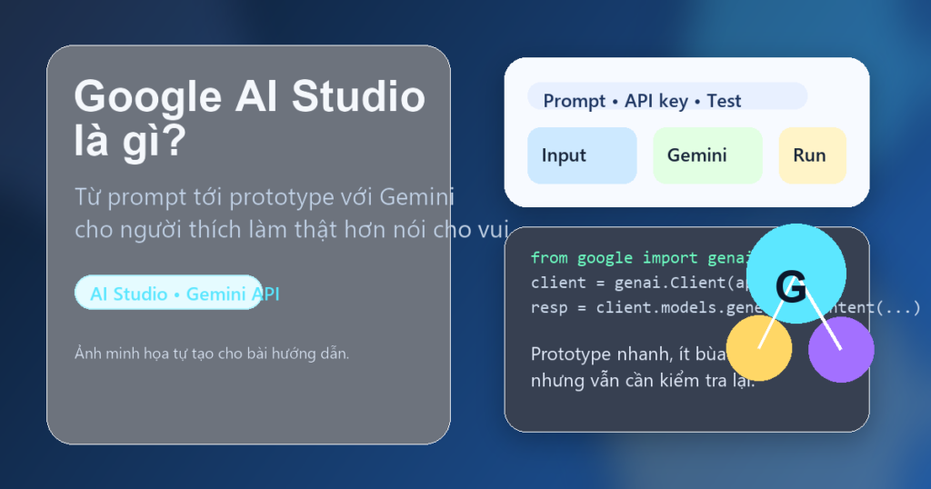 Ảnh minh họa Google AI Studio trên laptop và thẻ prompt, API, test
