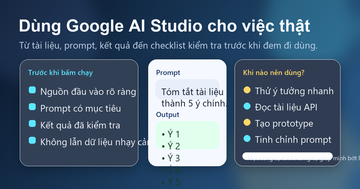 Ảnh minh họa ứng dụng Google AI Studio cho việc thật như prompt, output và checklist