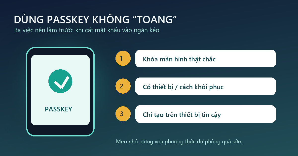 Dùng passkey an toàn Checklist dùng passkey an toàn trên thiết bị cá nhân