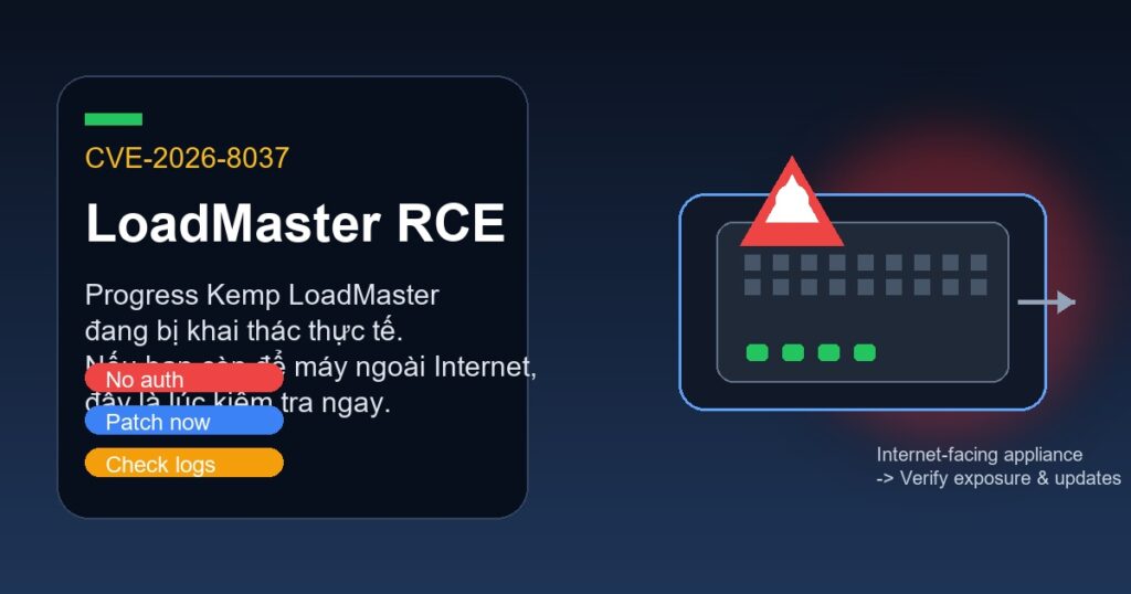Minh họa CVE-2026-8037 trên Progress LoadMaster với biểu tượng cảnh báo và vá lỗi