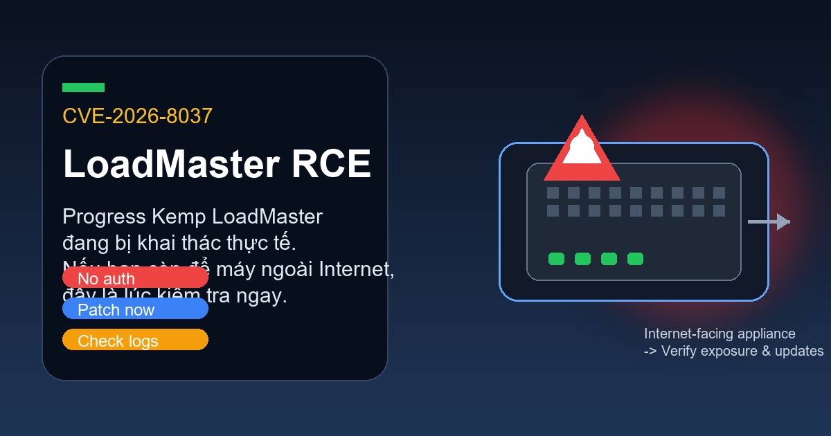 Minh họa CVE-2026-8037 trên Progress LoadMaster với biểu tượng cảnh báo và vá lỗi