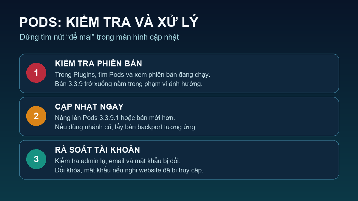 Ba bước xử lý CVE-2026-19598 trên plugin Pods: kiểm tra phiên bản, cập nhật và rà soát tài khoản