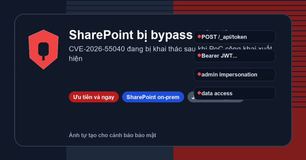Minh họa SharePoint bị bypass xác thực với cảnh báo CVE-2026-55040