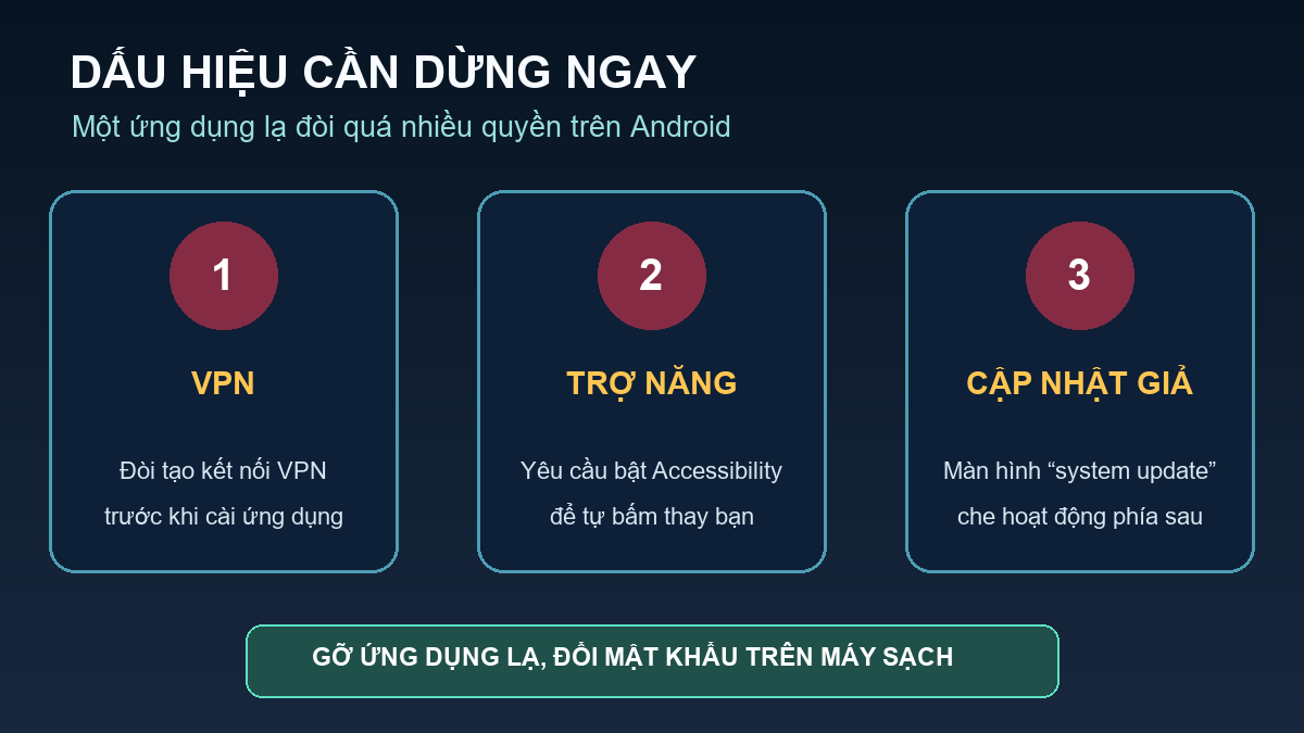 Ba dấu hiệu của ToxicPanda 2.0: xin quyền VPN, quyền Trợ năng và hiện cập nhật hệ thống giả