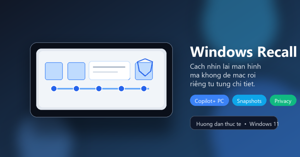 Ảnh minh họa Windows Recall trên laptop, có timeline snapshot và biểu tượng bảo mật