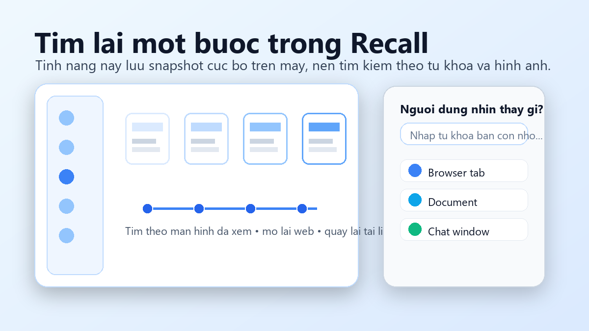 Ảnh minh họa timeline snapshot trong Windows Recall để tìm lại nội dung đã xem
