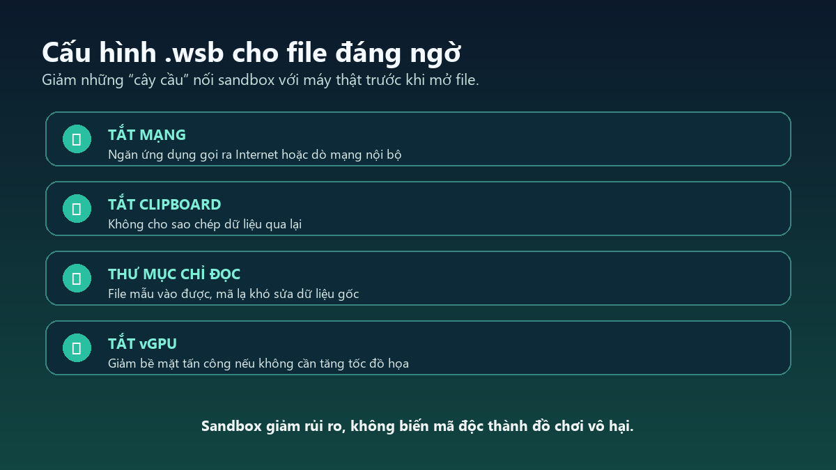 Bốn thiết lập Windows Sandbox an toàn hơn gồm tắt mạng, tắt clipboard, dùng thư mục chỉ đọc và tắt vGPU