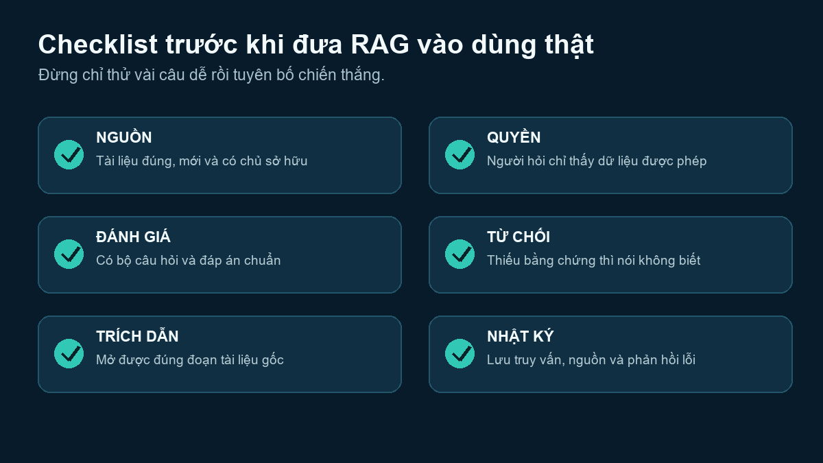 Checklist kiểm tra nguồn, phân quyền, đánh giá, từ chối, trích dẫn và nhật ký cho hệ thống RAG