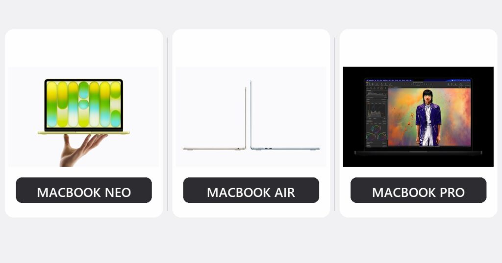 Ba dòng MacBook 2026 gồm MacBook Neo, MacBook Air và MacBook Pro