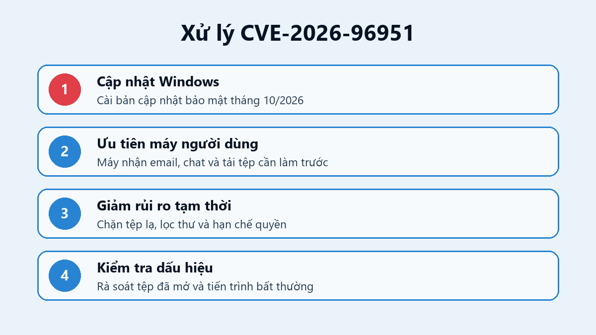 Bốn bước xử lý CVE-2026-96951 trên Windows gồm cập nhật, ưu tiên máy người dùng, giảm rủi ro và kiểm tra dấu hiệu